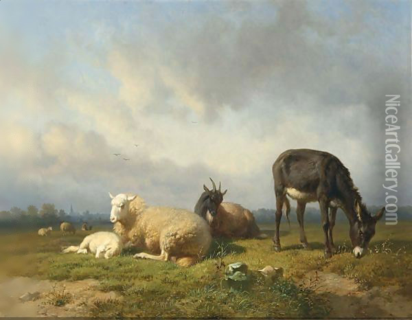 Cattle In A Meadow, A Village In The Distance Oil Painting - Louis Marie Dominique Romain Robbe