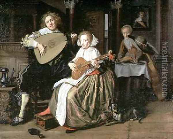 A Young Man Playing a Theorbo and a Young Woman Playing a Cittern Oil Painting - Jan Miense Molenaer
