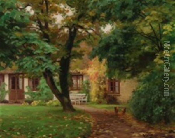 View From A Back Garden With Chickens Oil Painting - Hans Andersen Brendekilde