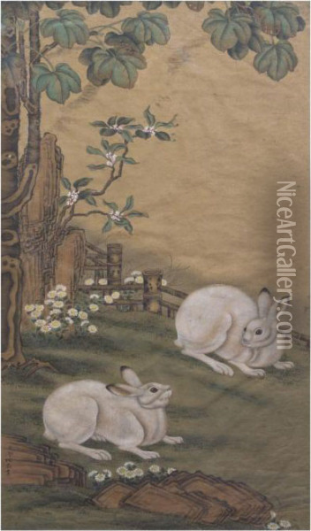 Rabbits Amongst Chrysanthemums And Rocks In A Garden With A Bamboo Fence Oil Painting - Leng Mei