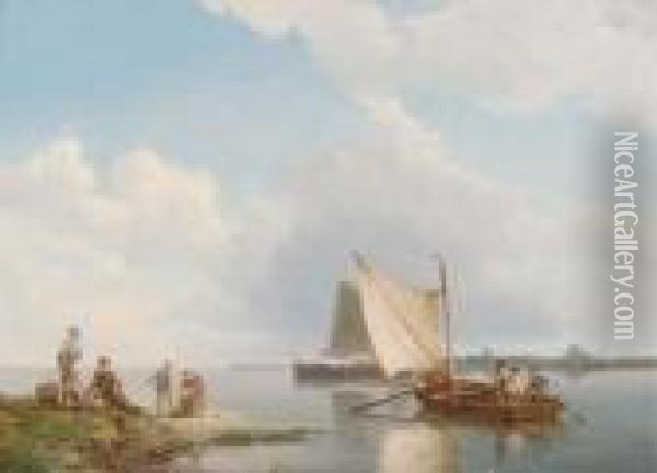 Dutch Sailing Boats Off-shore In A Flat Calm Oil Painting - Pieter Cornelis Dommershuijzen
