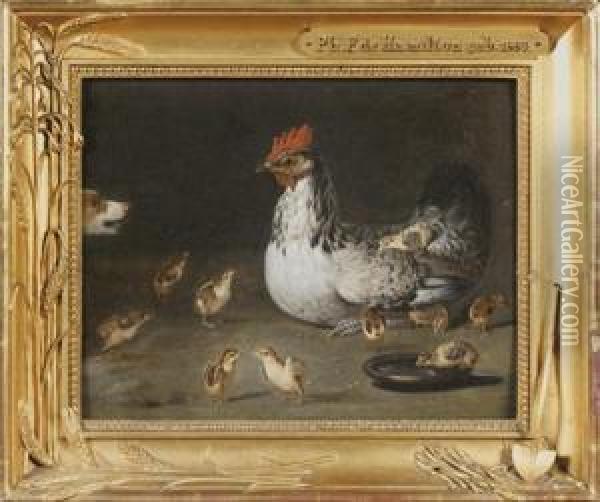 Poule Et Ses Poussins Surpris Par Un Chien Oil Painting - Ferdinand Phillip de Hamilton