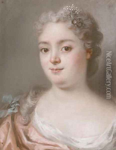 Portrait of a lady, bust-length, in a pink dress with a blue bow Oil Painting - English School