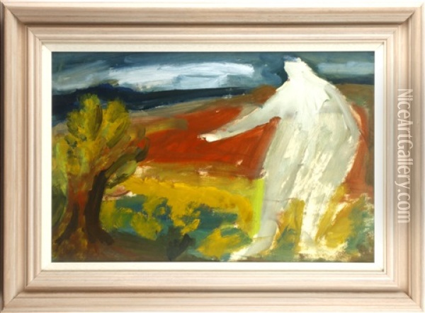 Figure And Bush In A Landscape Oil Painting - Bernard Meninsky