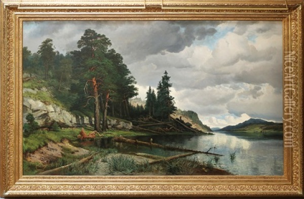 Flusslandschaft Am Waldrand Oil Painting - Carl Julius E. Ludwig