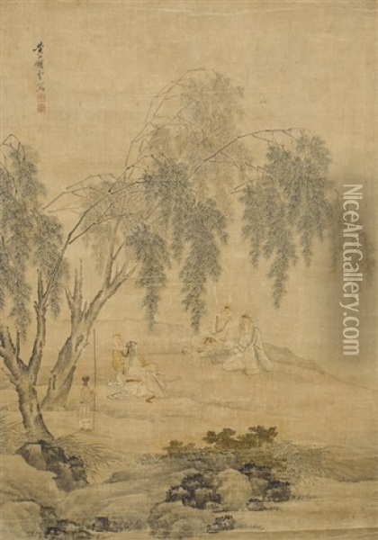 Four Scholars Under Willow Oil Painting -  Wang Yun