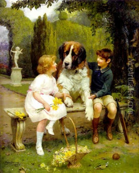 Children With A Saint Bernard Oil Painting - Arthur John Elsley