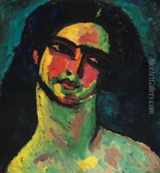 Kopf Einer Italienerin Mit Schwarzem Haar Von Vorne Oil Painting - Alexei Jawlensky