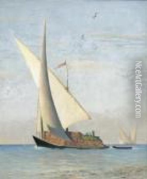 Beladenes Segelschiff Auf Dem Genfersee. Oil Painting - Albert H. Gos