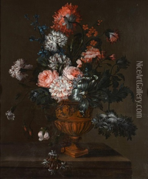 Still Life Of Roses, Carnations And Honeysuckle In An Urn Oil Painting - Pieter Hardime