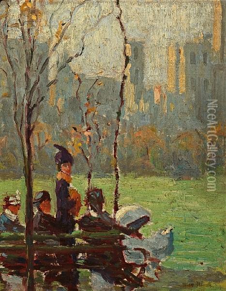 Ladies Admiring A New Arrival, Riverside Park Oil Painting - Alice Hirsh