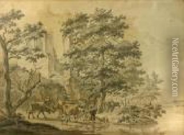 A Ruin Near A River With 
Figures, Cows And Sheep In The Foreground; With Two Other Landscape 
Drawings By Different Hands (a Group Of 3) Oil Painting - Paul Sandby