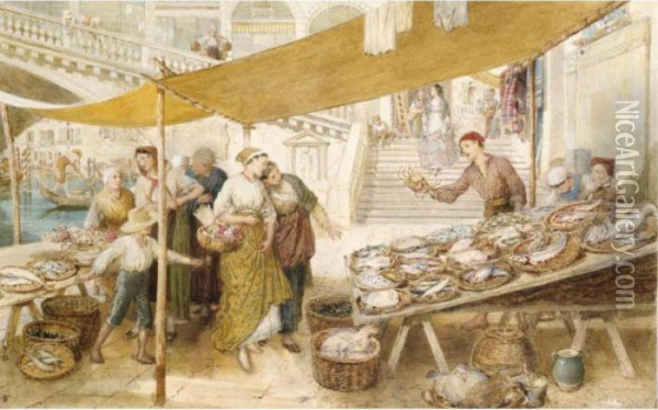 The Fish Stall Near The Rialto, Venice Oil Painting - Myles Birket Foster