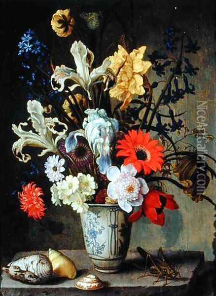 Floral Study with beaker, grasshopper and seashells Oil Painting - Balthasar Van Der Ast