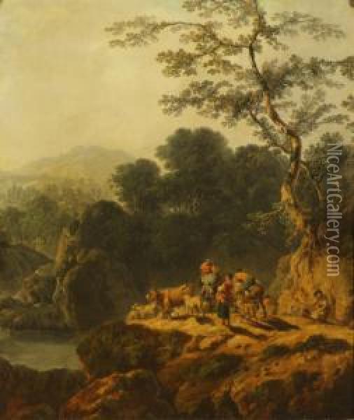 River Valley Landscape With 
Herdsman And Travellers,mules Cattle And Sheep On A Cliff Top Path, 
Trees And Mountainsbeyond Oil Painting - Philip Jacques de Loutherbourg