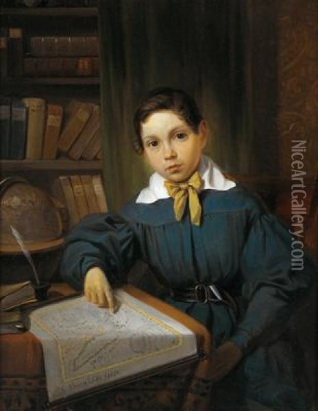 Ritratto Di Un Bambino Intento A Studiare La Geografia Oil Painting - Pieter Gerardus Bernhard