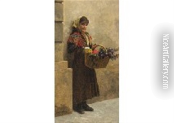Girl With Flower Basket Oil Painting - Louis Emile Adan