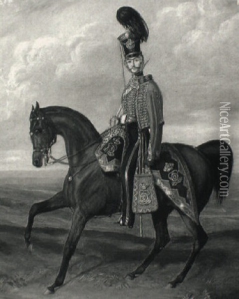 Portrait Of An Officer Of The 7th (queens Own) Light        Dragoons On His Bay Charger Oil Painting - Henry Martens