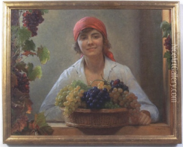 Therese Matsch With Grapes Oil Painting - Franz Von Matsch