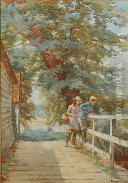 Children Fishing From A Bridge Oil Painting - Thomas Waterman Wood
