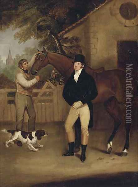 Portrait of a gentleman with his bay hunter held by a groom Oil Painting - Francis Wheatley