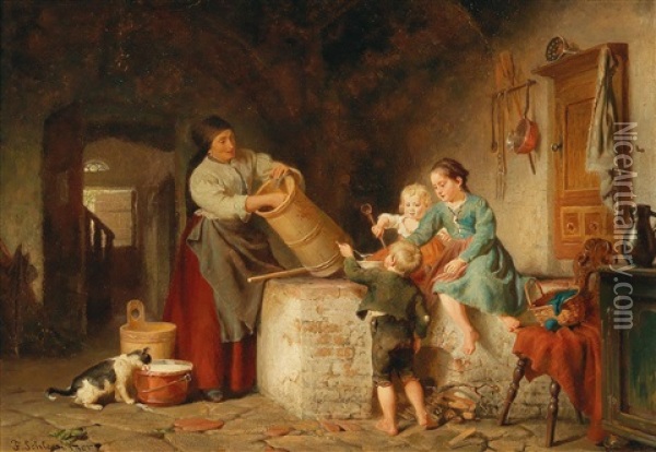 Zealous Helpers In The Kitchen Oil Painting - Felix Schlesinger