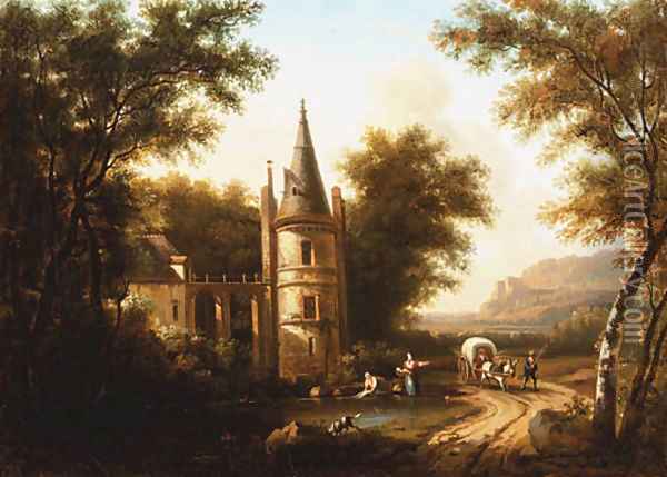 A wooded river Landscape with a horse-drawn Wagon on a Path, and Washerwomen on the Shore by a turreted Villa Oil Painting - Dutch School