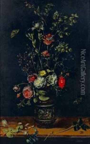 Nature Morte Au Vase De Fleurs Dans Un Vase Sculpte Animee De Papillons Et De Libellules Oil Painting - Alexander Adriaenssen