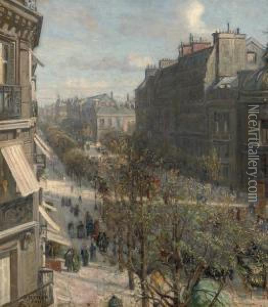 A Busy Sunlit Boulevard In Paris Oil Painting - Borge C. Nyrop