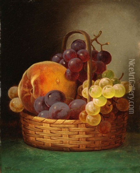 Still Life Of Grapes And A Peach In A Woven Basket Oil Painting - William Mason Brown