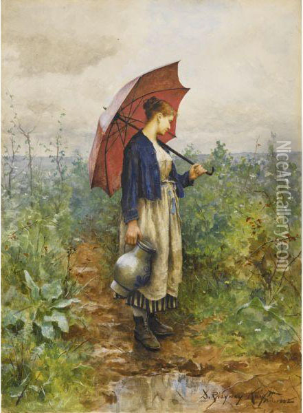 Portrait Of A Woman With Umbrella Gathering Water Oil Painting - Daniel Ridgway Knight