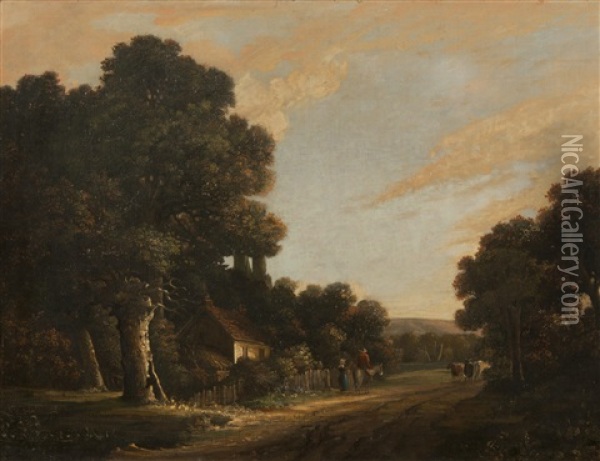 Figures On A Path In A Country Landscape Oil Painting - John Berney Crome