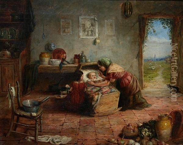 Mother, Daughter And Baby In A Cottage Interior Oil Painting - Frederick Daniel Hardy