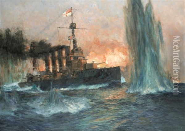 A Heavy Cruiser At The Battle Of Jutland Oil Painting - Charles Edward Dixon