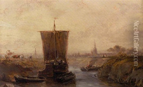 Harbor Scene With Ship Oil Painting - Louis-Gabriel-Eugene Isabey