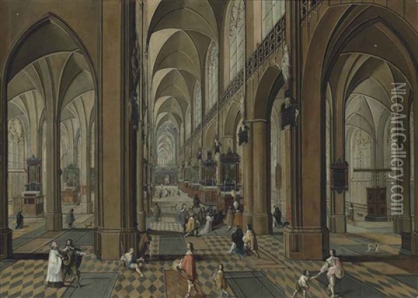 The Interior Of The Cathedral Of Our Lady, Antwerp, With Mass Being Celebrated On One Of The Altars, And Other Elegant Figures Conversing Oil Painting - Peeter Neeffs the Elder
