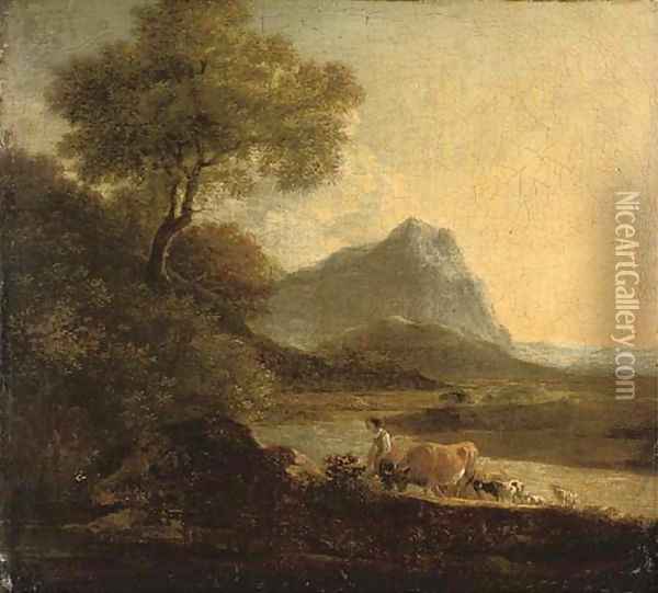 A drover with cattle and sheep in a mountainous landscape Oil Painting - Richard Wilson