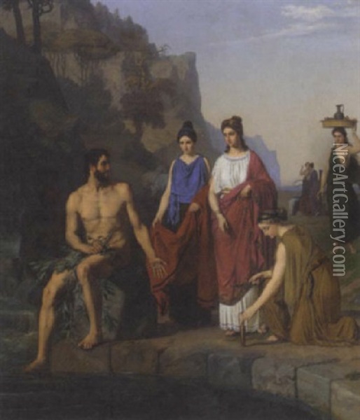 Nausikaa And Her Maids Bringing Clothes To Odysseus Oil Painting - M. Heinrich Eddelein