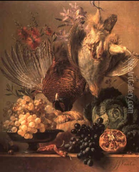 Dead Pheasant, Partridge, Grapes, Cabbage, Fruit And Flowers On A Ledge Oil Painting - Georgius Jacobus Johannes van Os