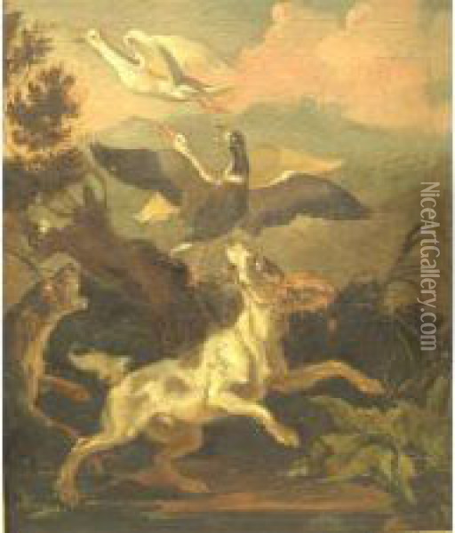 Two Houndsflushing Three Birds, Bearing Signature Verso, And An Old Waxcollector's Mark Oil Painting - Abraham Hondius