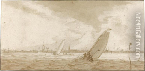 Boats On Stormy Water, Amsterdam Beyond Oil Painting - Pieter Jansz. Coopse
