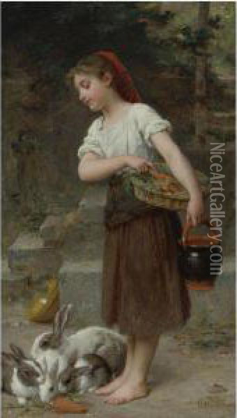 Feeding The Rabbits Oil Painting - Emile Munier