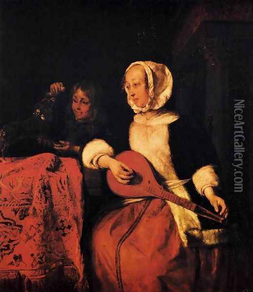 Woman Tuning a Mandolin Oil Painting - Gabriel Metsu