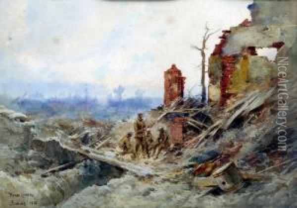 Somme 1916, Four British Soldiers Take Rest Within Brick Ruins Oil Painting - Pierre Comba