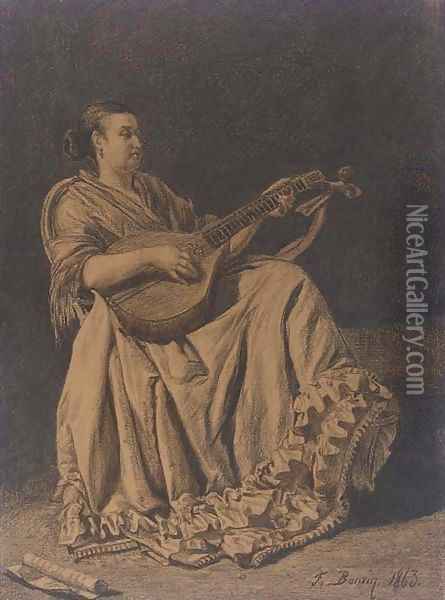 A seated woman playing a mandolin Oil Painting - Francois Bonvin