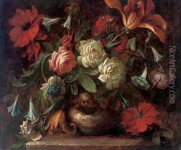 Roses, carnations, morning glory and a tulip in a vase on a ledge Oil Painting - Antonio Mezzadri