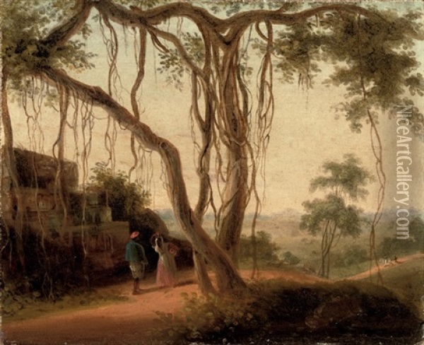 An Indian Landscape With Figures By A Ruin Under A Banyan Tree Oil Painting - Thomas Daniell