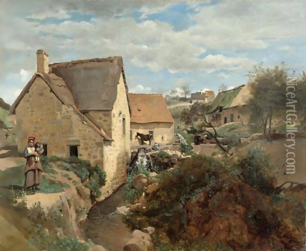 Chaumieres Et Moulins Au Bord DAun Torrent (Morvan Ou Auvergne) Oil Painting - Jean-Baptiste-Camille Corot