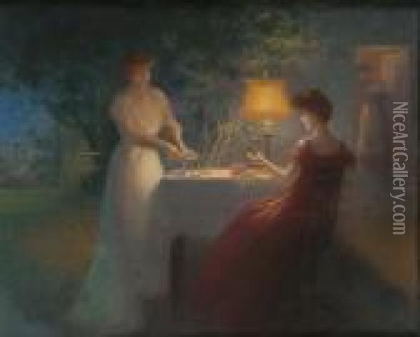 Arranging Flowers By Lamplight Oil Painting - Delphin Enjolras