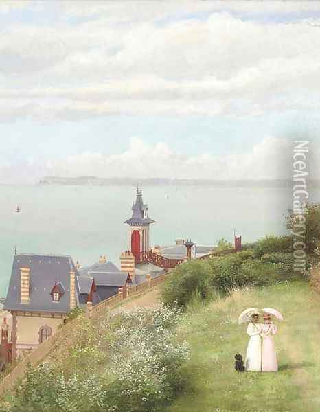 A stroll by the coast, Trouville-sur-mere Oil Painting - Georges Croegaert
